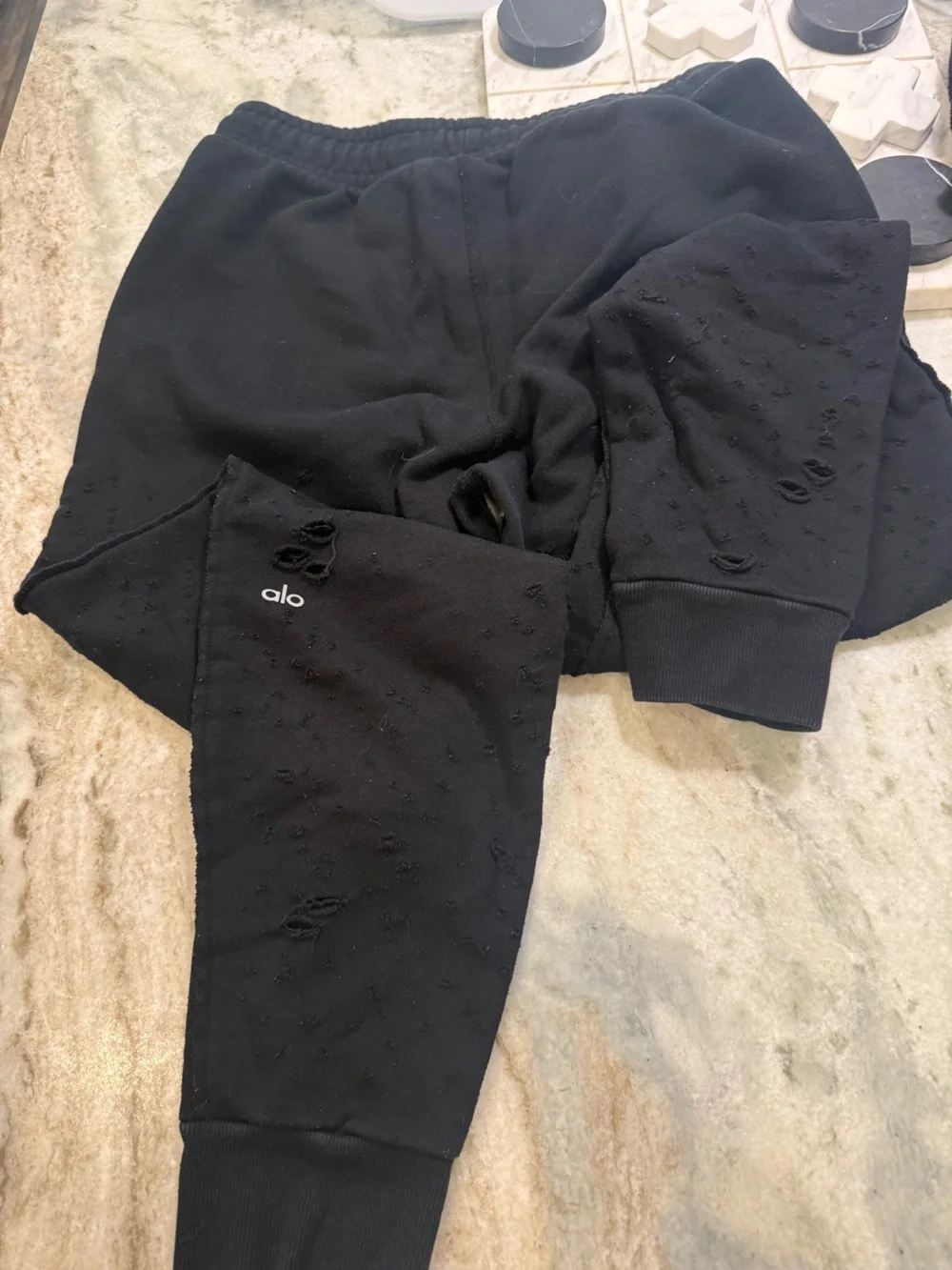 ALO Yoga Black Destroyed Joggers with Subtle Texture Size M